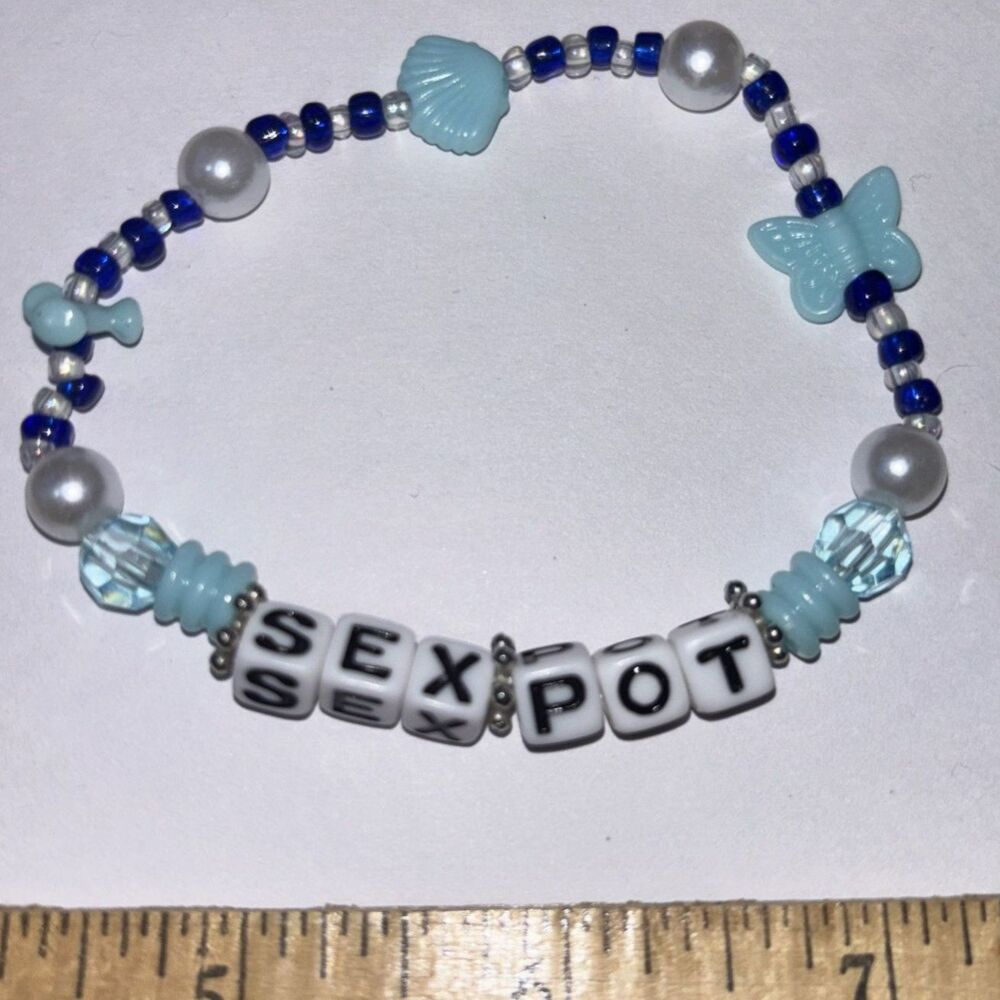 Handmade Blue Beaded Charm Bracelet Stretch Elastic Wristband adult humor